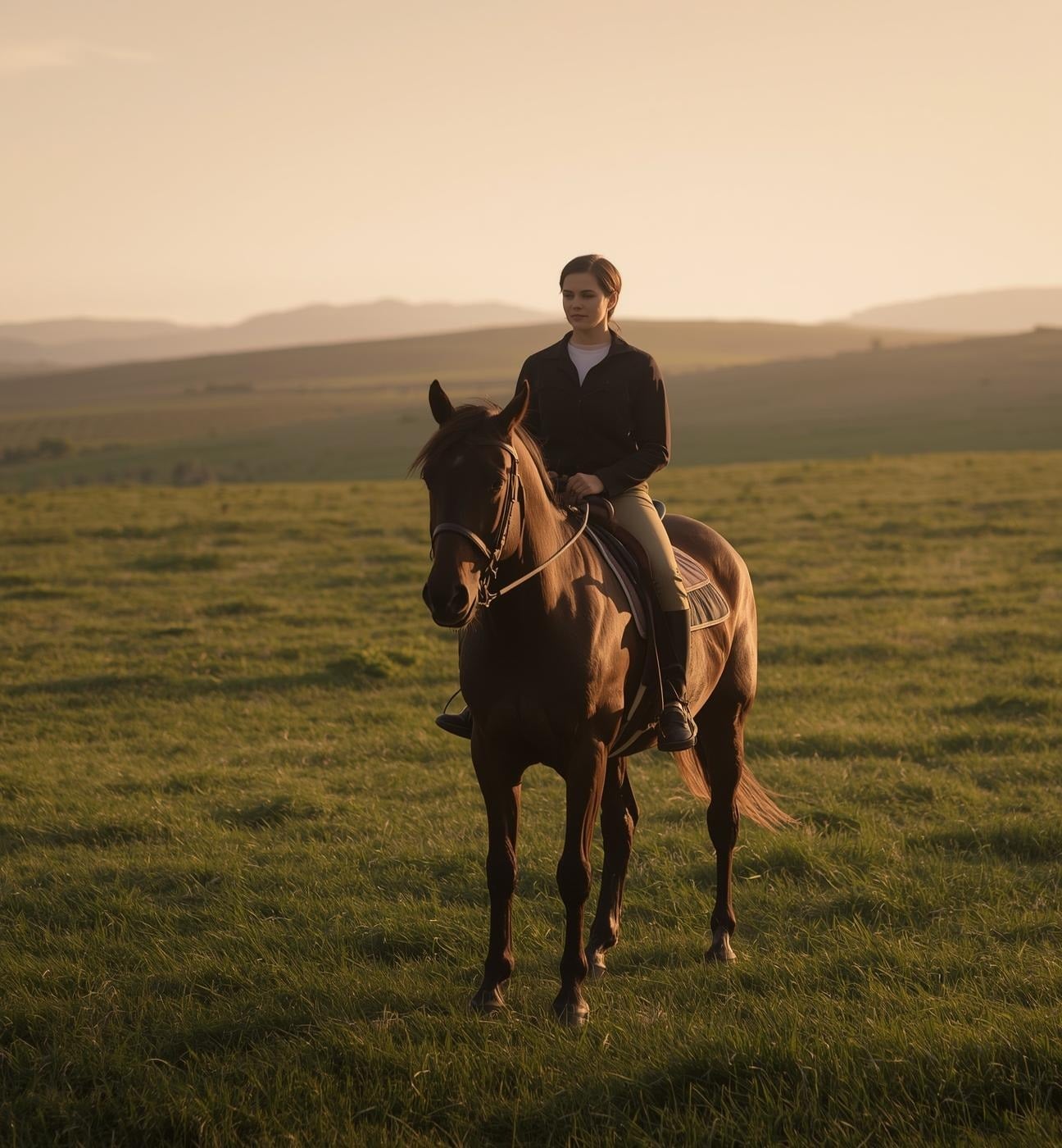 Rider on horseback in a paddock at sunset